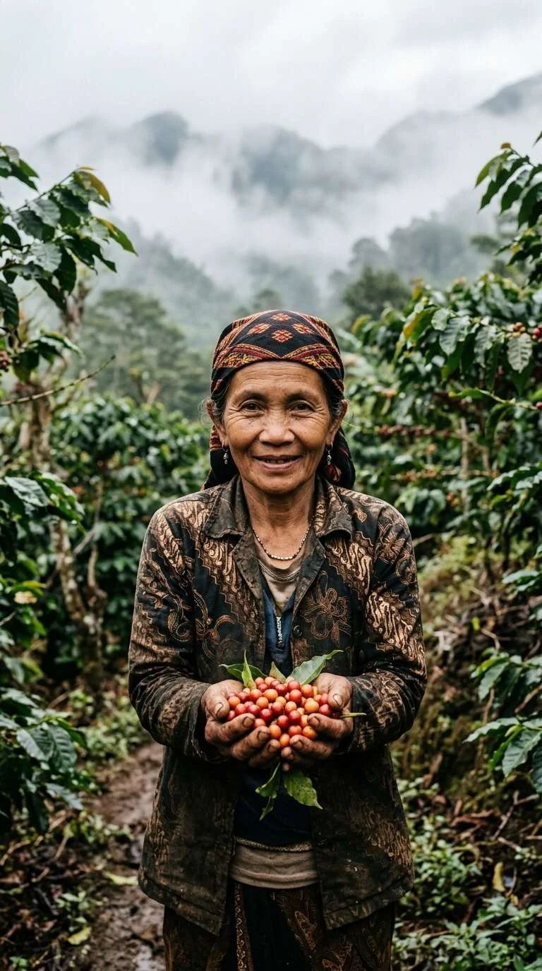Third-generation Gayo coffee farmer holding freshly harvested red Arabica cherries in Bener Meriah highlands